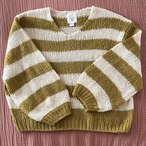 Billabong Olive Green and Cream Striped Beachy Sweater Medium